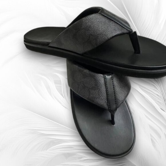 Men’s Black Leather Flip-Flops COACH Signature Slide Sandals - Picture 2 of 5